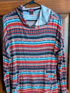Rock & Roll Cowgirl Striped Hooded Shirt - Red & Teal & Black